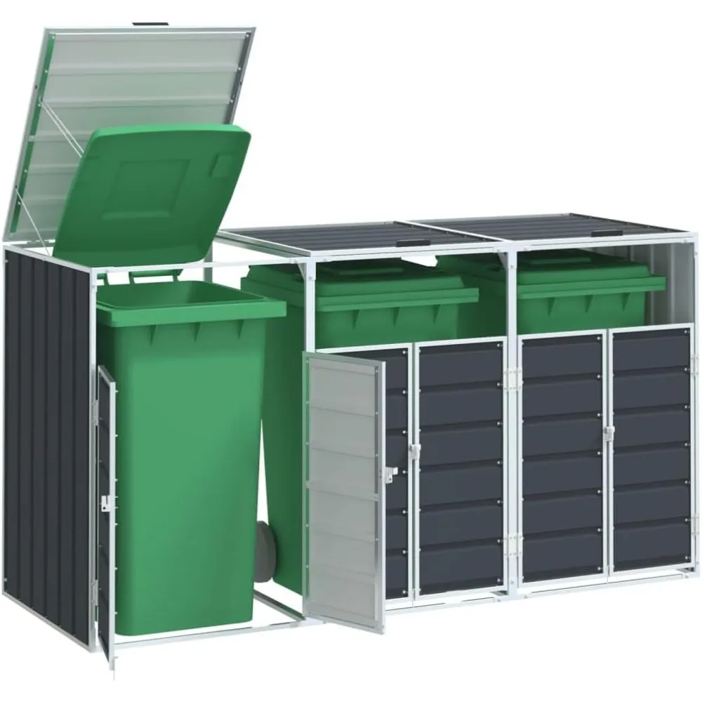 

Outdoor steel trash can storage shed with 3 trash cans, metal trash can storage shed with lid and lock buckle