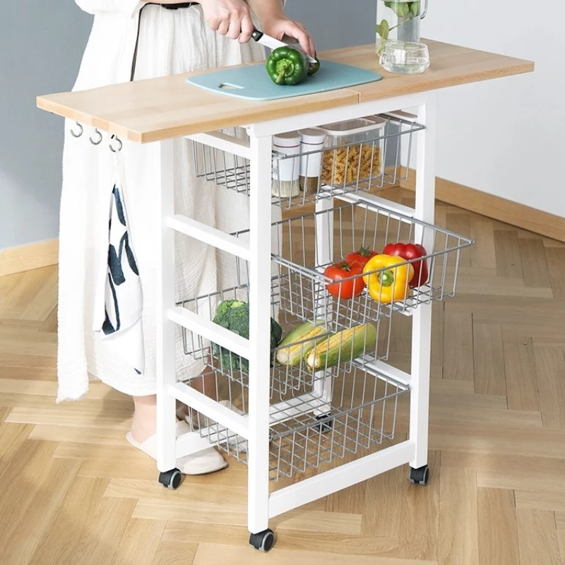 

Italian Kitchen Solid Wood Storage Cart with Cutting Board Countertop Multi-Layer Rack Fruit Vegetable Basket on Wheels Retro