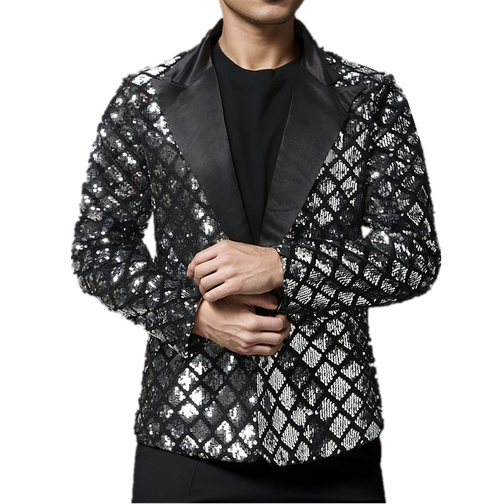 Gold Shiny Sequins Men\'s Suit Jacket, Wedding Party Dress Coat, Silver Blue Black Blazers, S M L XL XXL