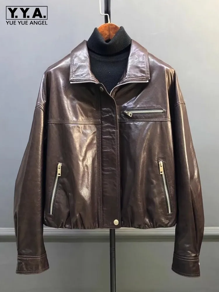 Style petit ami automne nouvelles femmes en peau de mouton en cuir véritable veste coupe ample moto Biker manteau décontracté Streetwear Cargo veste