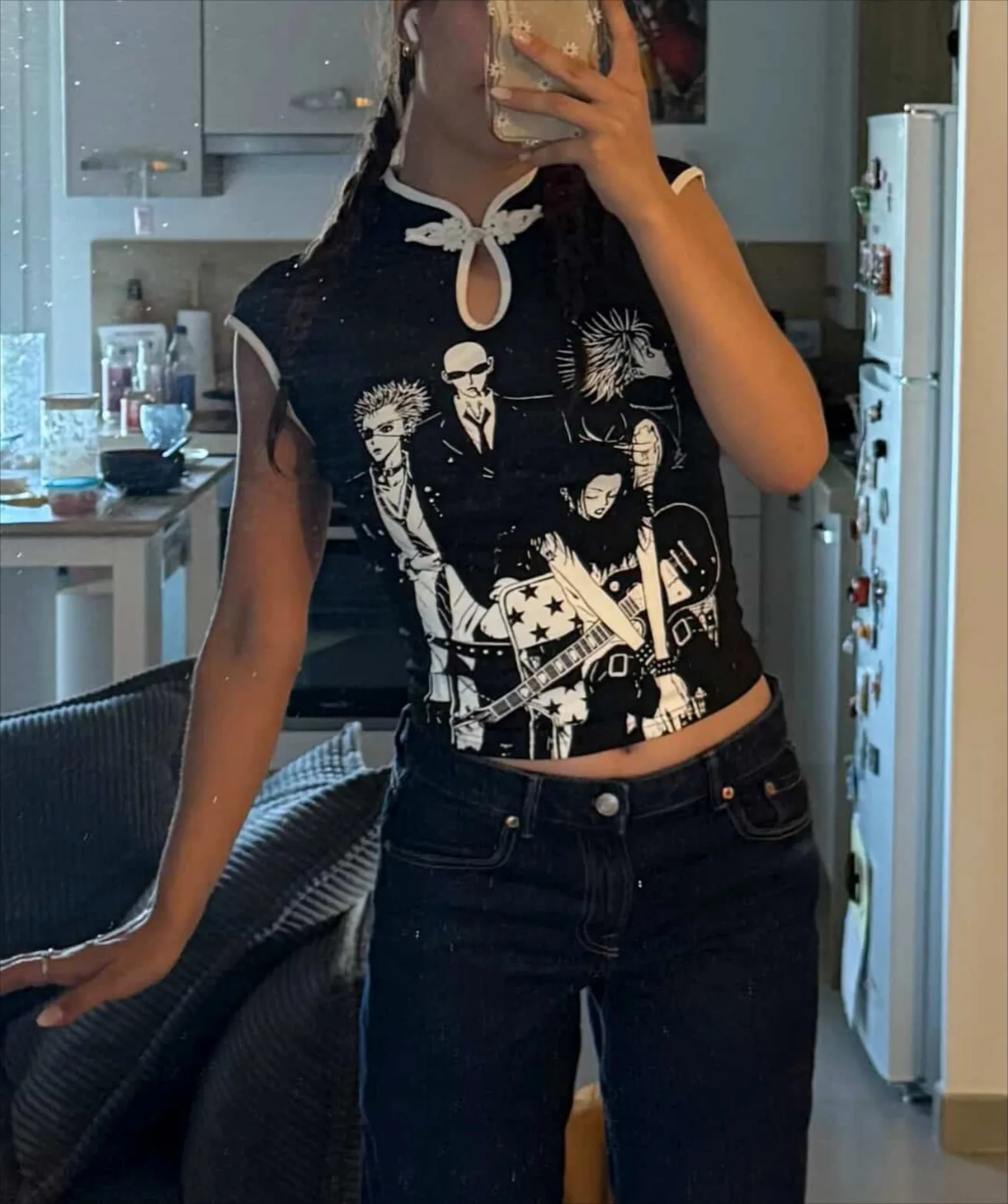 Anime Rock Print Cheongsam Top Women Frog Button Detail Y2K Aesthetic Streetwear 2026
