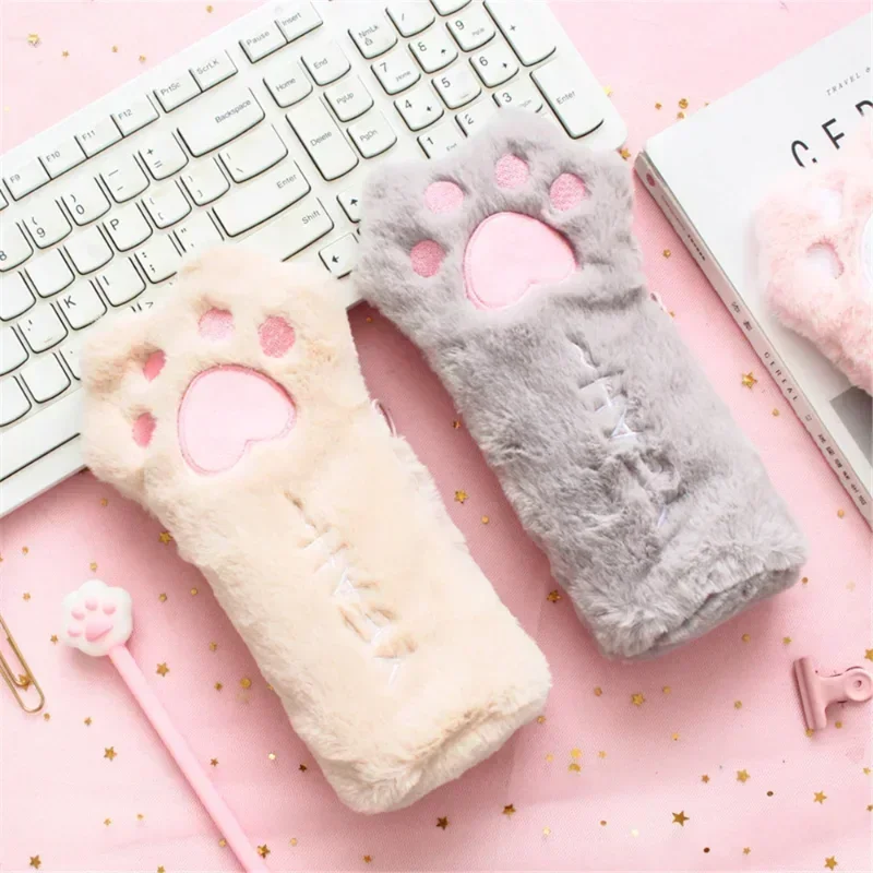 

Cute Cat Paw Pen Organizer Makeup Pouch Soft Plush Plush Pencil Bag Kawaii Stationery Large Capacity Cosmetic Storage Bag