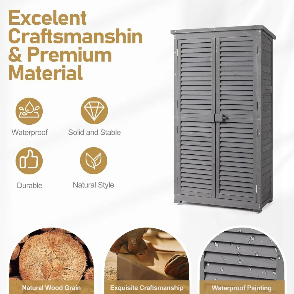 Outdoor Storage Cabinet 63in Grey Weather-Resistant Patio Deck Backyard Tool Organizer