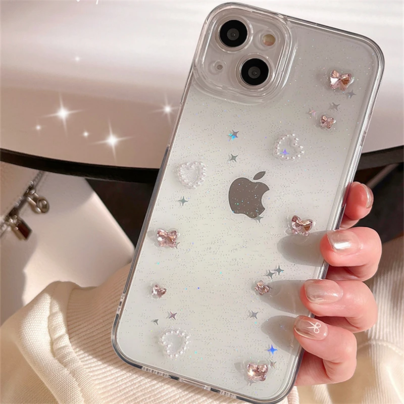 Luxury Pink 3D Butterfly Diamand Case For Iphone 16 15 14 13 12 11 Pro Max MiNi X XR 7 8 Plus Ins Epoxy Glitter Clear Soft Cover