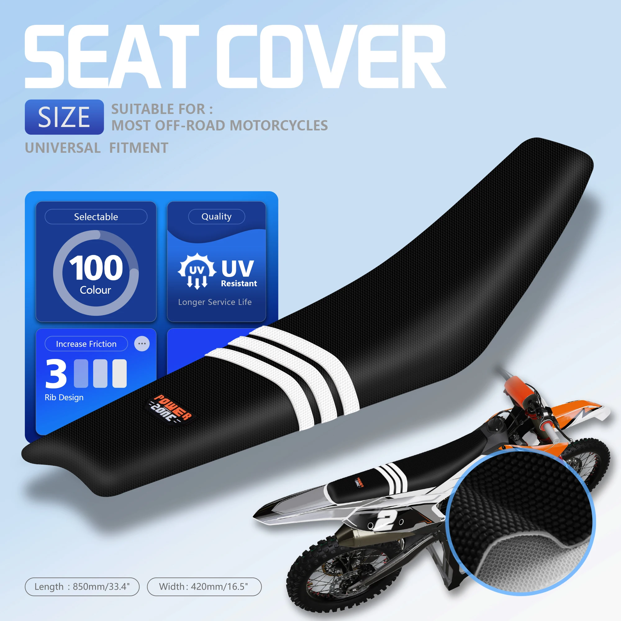 Powerzone Universal Motorcycle Gripper Seat Cover Soft Waterproof Non-slip Seat Cushion For SXF EXC KXF CRF YZF WR TC TE