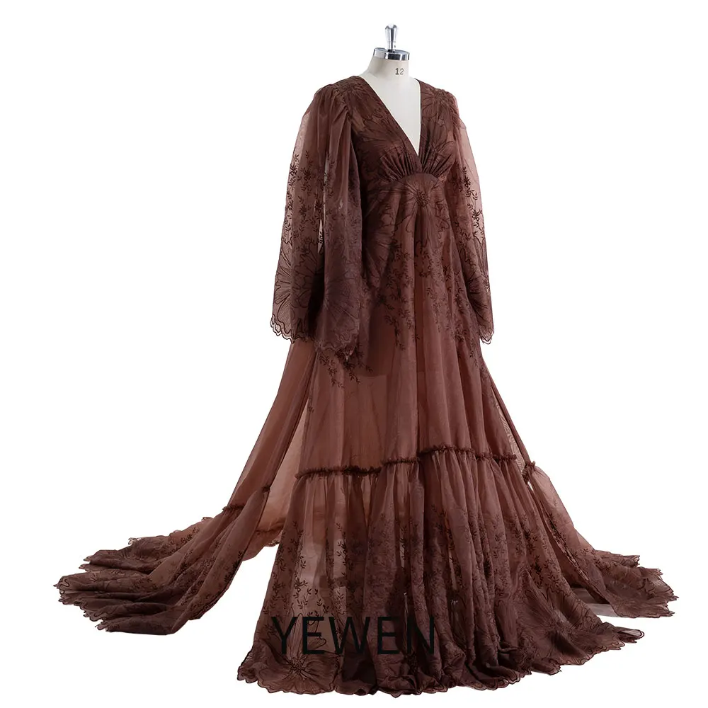 Boho Long Sleeves Side Slit Lace Maternity Gown for Photo Shoot Photography Props Pregnancy Shooting Dresses YEWEN YW230743