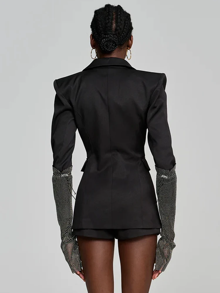 Black V Neck Blazer with Diamond Embellished Long Gloves – Trendy Women’s Cinched Waist Slimming Upscale Events Outfit