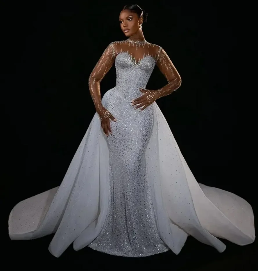 Customized Mermaid Wedding Dress Beaded Sequins High Neck Illusion Long Sleeves Bridal Gowns Black Women African Vestidos