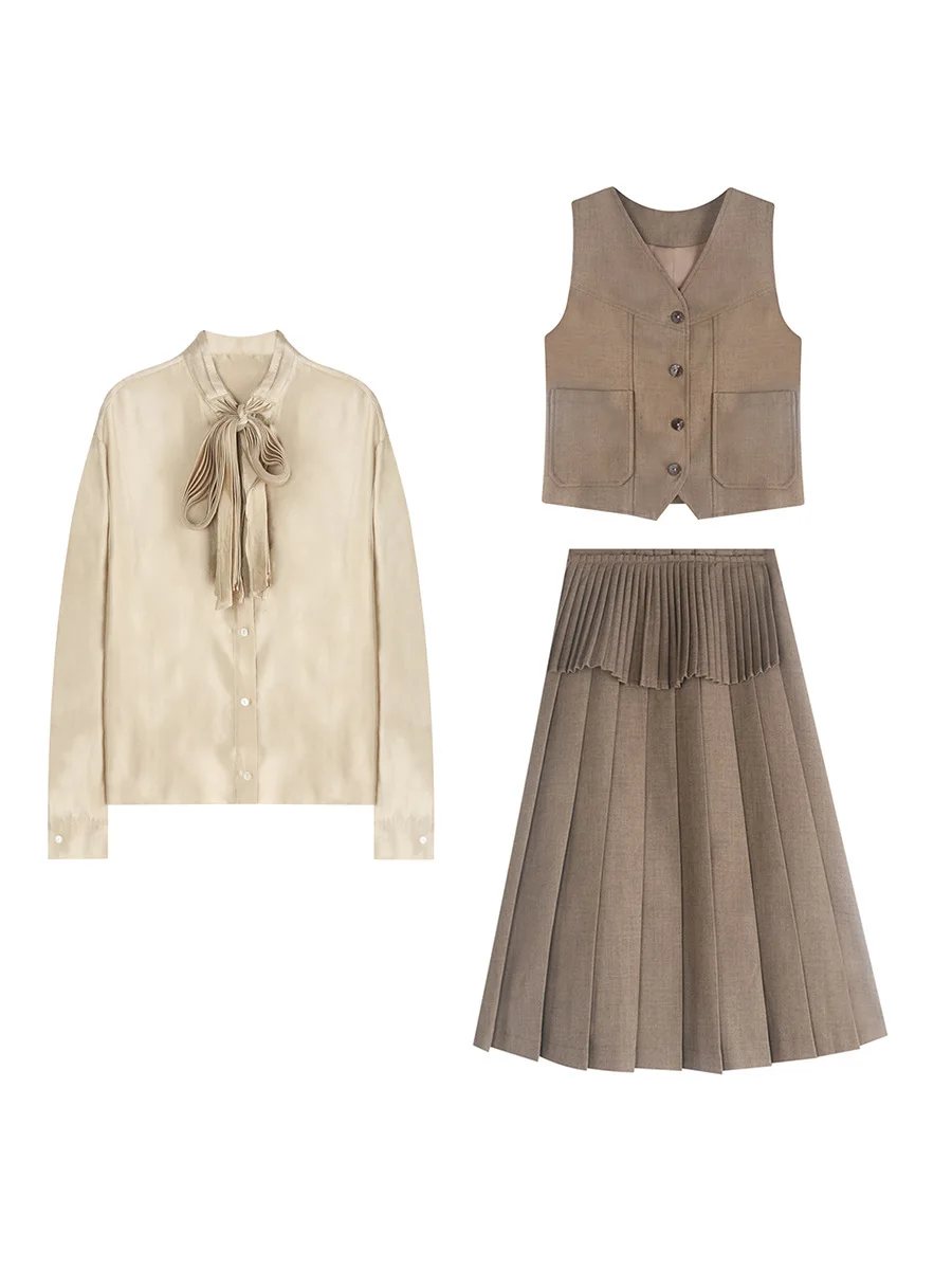 

Quebec Brown Pine Silk irt Tee-Piece Set Vintage Suit Vest Casual Pleated Skirt Knot High Waist Universal Fit