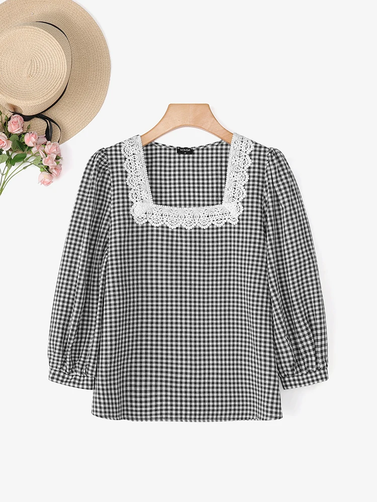 VONDA Fashion Women Plaid Tops Autumn Blouse 2025 Elegant Square Collar Lace Office Lady Korean Shirts Casual Loose Blusas Femme