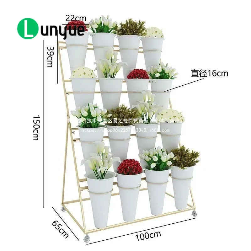 Nordic Gold Large Removable Wrought Iron Multi Layer Flower Display Stand Plastic Bucket Shelf for Flower Shop Home Decor