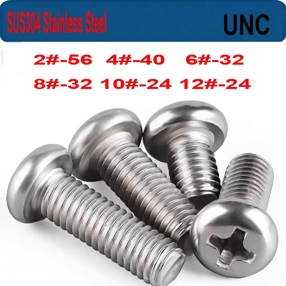

10/50pcs UNC 2#-56 4#-40 6#-32 8#-32 10#-24 12#-24 US Coarse Thread SUS304 Stainless Steel Round Phillips Pan Screw Bolt