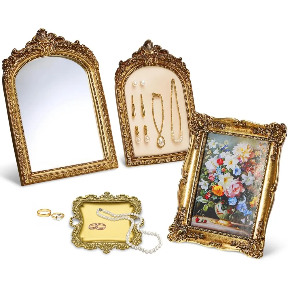 طقم فانيتي عتيق مكون من 4 قطع، مرآة ذهبية عتيقة، إطار راتينج قديم، منظم مجوهرات لديكور غرفة النوم