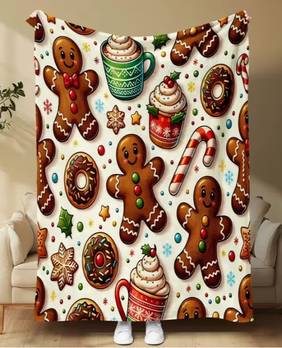 Contemporary Gingerbread Dessert Pattern Flannel Throw Blanket Digital Print Soft Comfort Knit Fabric Ideal for Travel & Camping
