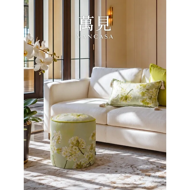 New Chinese begonia printed solid wood seat pier living room sofa footstool household light luxury low stool