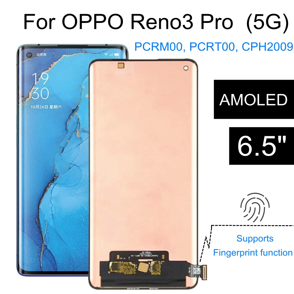 6.5  AMOLED For OPPO Reno3 Pro 5G PCRM00 PCRT00 LCD Display Touch Screen Digitizer Assembly For Reno 3 Pro CPH2009 LCD Display