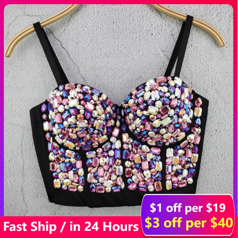 

Women Corset Camis Streetwear Crop Top Tank Rhinestone Diamond Camisa Mujer Club Shaper Ladies Fashion Stage Party Bra Blusas