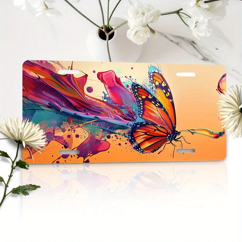 2D Flat - Car P1pc 6X12 Inches (15X30Cm) Car Plaque Butterfly Outline, Graffiti Wall Art, Glitter Effect (2) Car Art Plaque