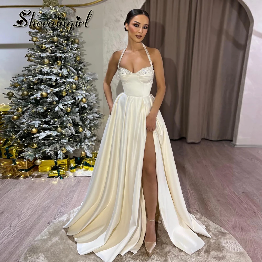 

SHERAIN 2024 Modern Prom Dresses For Women Halter Sleeveless Rhinestones Pleat Brush Train Vestidos de Fiesta Drop Shipping