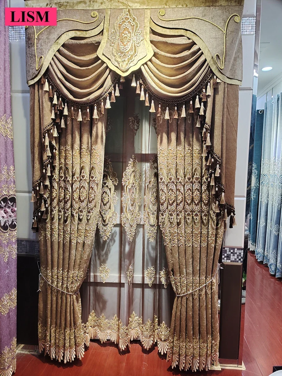 New High-end European Luxurious Living Room Bedroom Chenille Luxury Embroidered Curtains Window Custom Brown Decor Tulle Valance