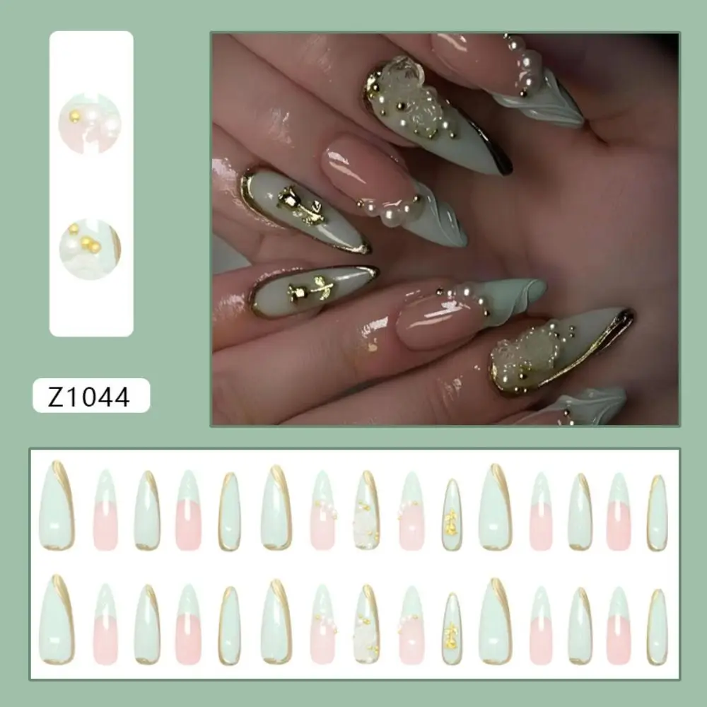 

24pcs Manicure Long Almond Stiletto False Nails Green Wavy French Press on Nails Pearl Detachable Fake Nails DIY
