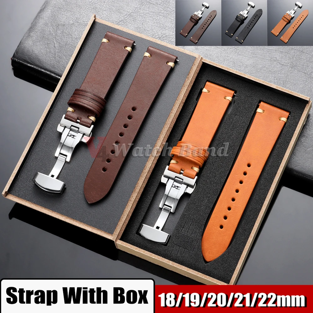 18/19/20/21/22mm Vintage Ölwachs-Leder Uhrenarmband mit Schmetterlingsverschluss für Seiko Genähtes Rindsleder-Armband für Omega Bänder