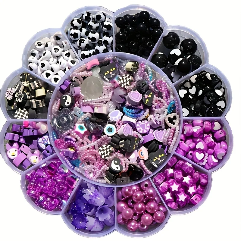 800pcs 13pcs 3-Piece Set, Black Purple Gradient Acrylic Heart Pearl Pentagram Wind Chime Flower Set Box with Scissors and Elasti