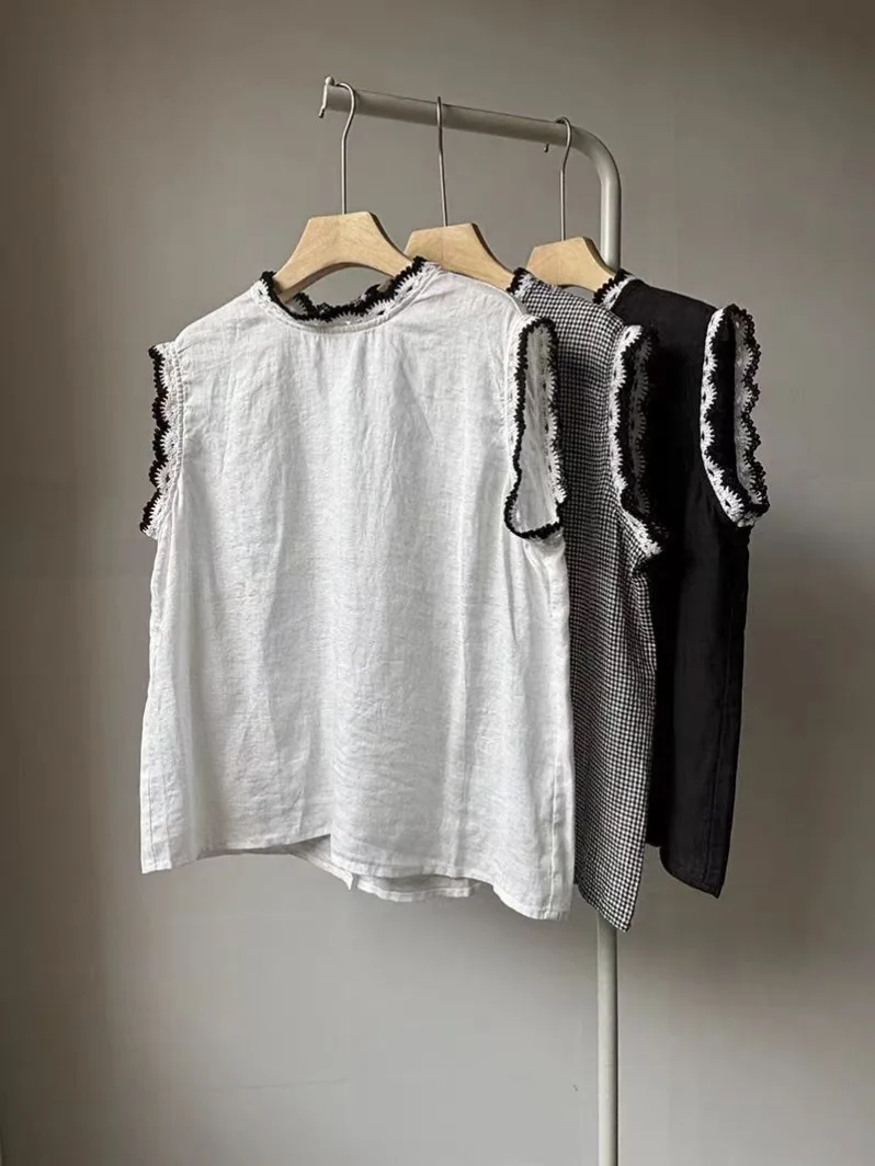 

Retro Contrast Color Wood ain Ruffle round Ne Svel irt Women's Summer New Design Super Beautiful Versatile Top