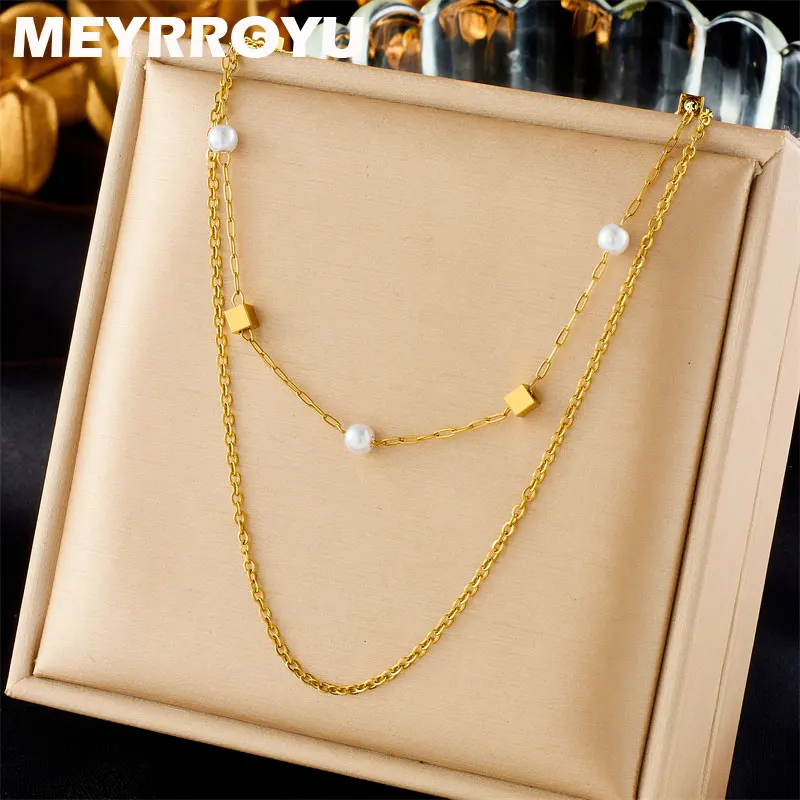 

MEYRROYU 316 Stainless Steel 2 in 1 Freshwater Pearl Square Necklace For Women Birthday Jewelry Party Nightclub Accessories