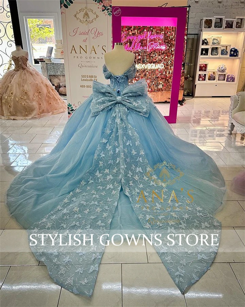 Gaun Princess biru Sweetheart Ball Quinceanera untuk anak perempuan manik-manik 3D bunga pesta ulang tahun gaun pesta Prom Bow Robe De