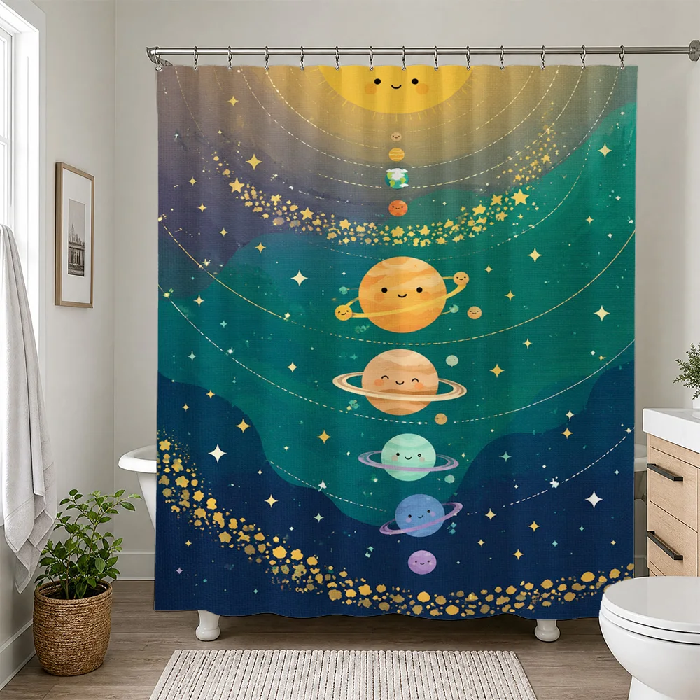 Cute Planets Galaxy Shower Bathroom Curtain Nursery Decor Stars Celestial Space Theme Shower Curtain