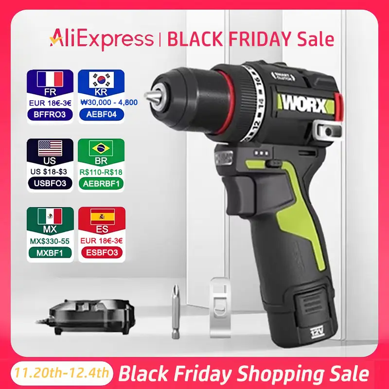 WORX WU135 무선 전기 드릴 12V 50Nm 1800rpm 브러시리스 모터 전기 스크루 드라이버 임팩트 드릴 금속 가공 스마트 커티