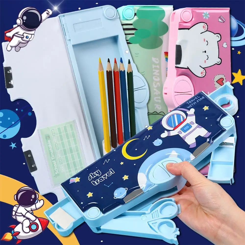 

Double Layer Pencil Case With Pencil Sharpener Large Capacity Stationery Storage Box Plastic Astronaut/Animal Pattern