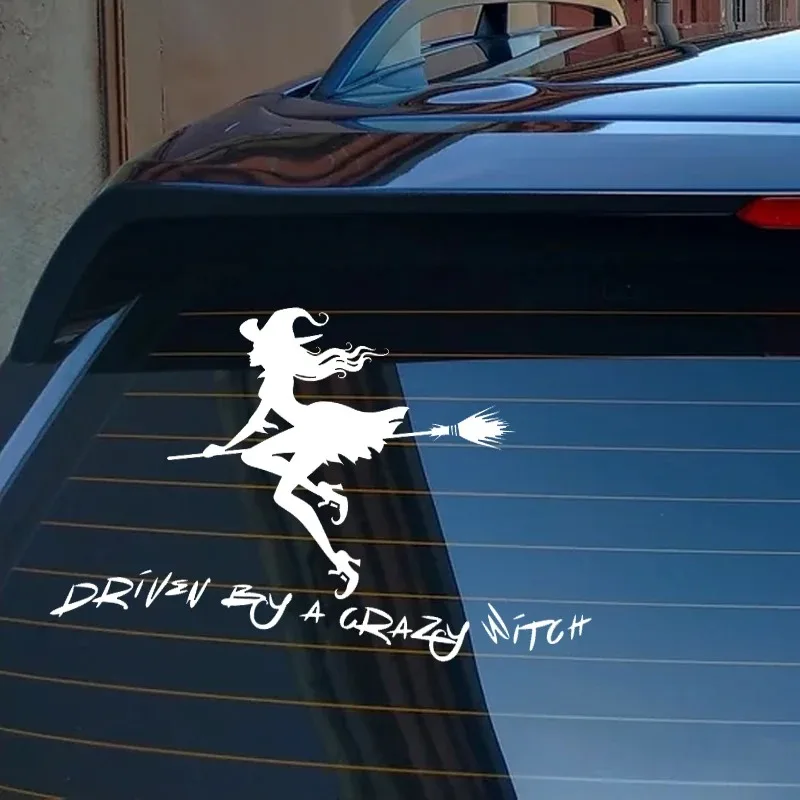 30534# Driven By A Crazy Witch Car Sticker Vinyl Decal Waterproof on Truck Bumper Rear Window Without Background
