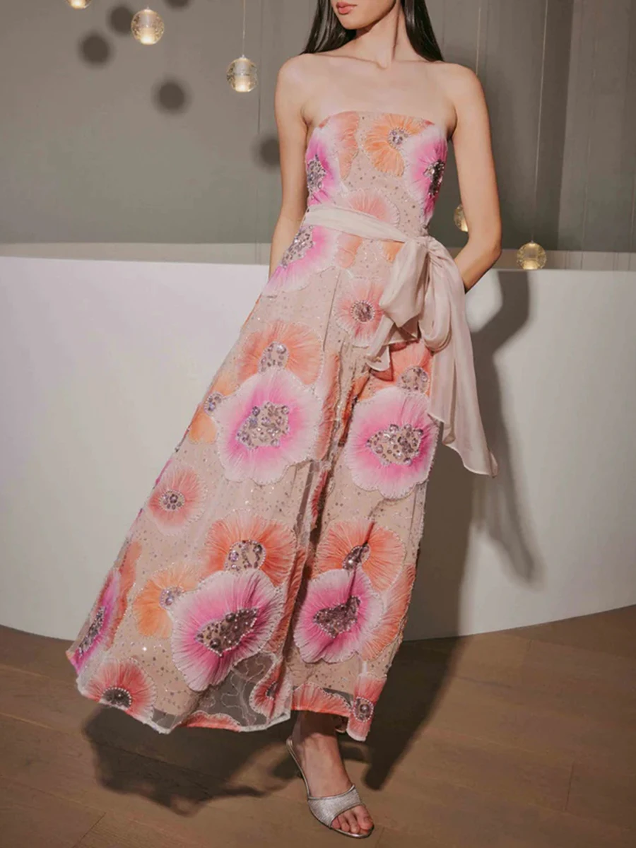 

Hit Color Slimming Spliced Lace Up Dresses For Women Strapless Sleeveless High Waist Temperament Dress Female New