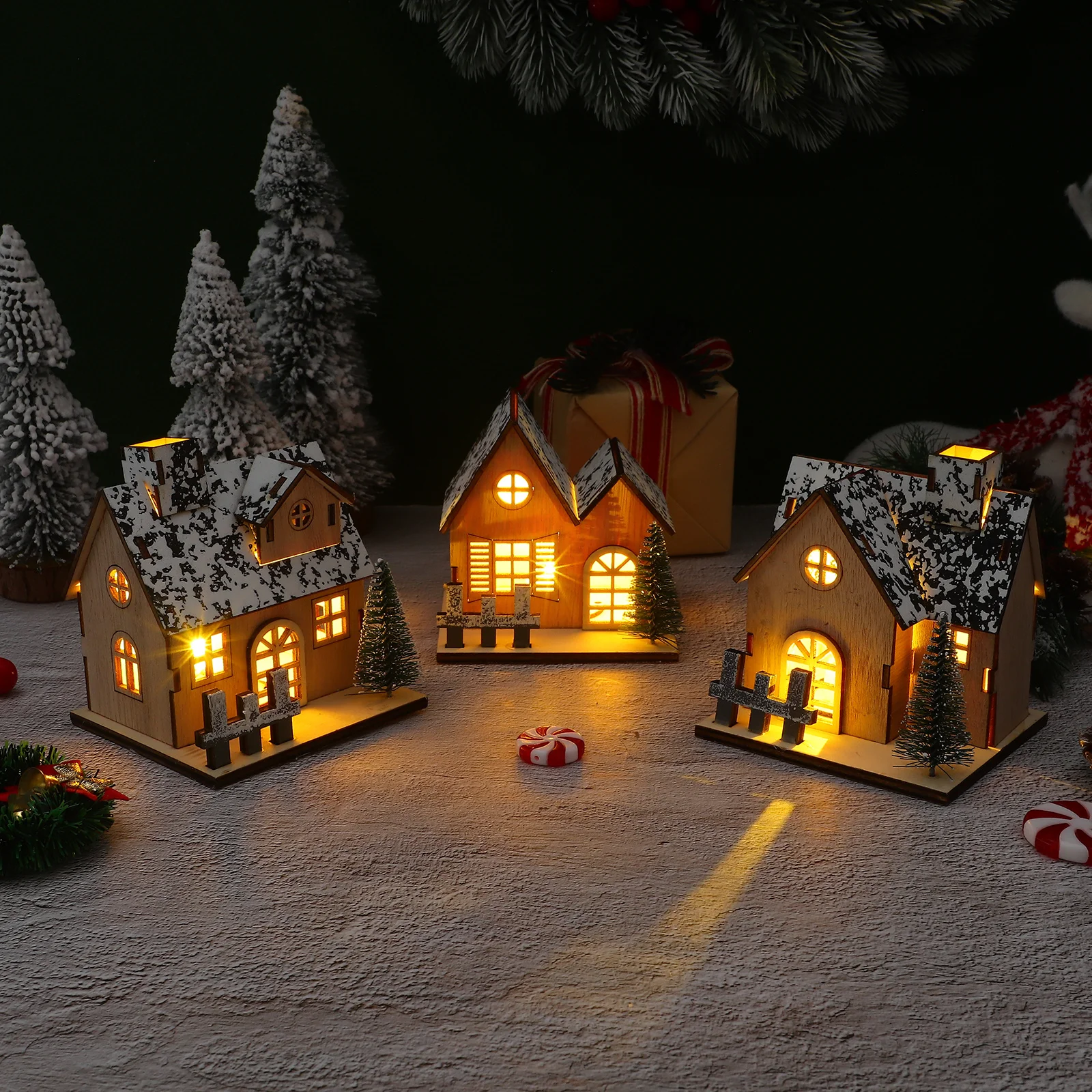 

Wooden Christmas LED Light Houses 3Pcs Mini Village Display Set Glowing Ornament Craft for Holiday Home Decor Landscape