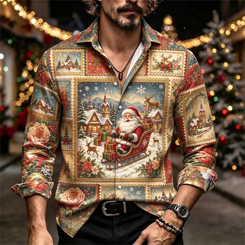 New men's shirt light purple Santa Claus sled snow view pink flower red fruit gold scroll grass print slim fit shirt