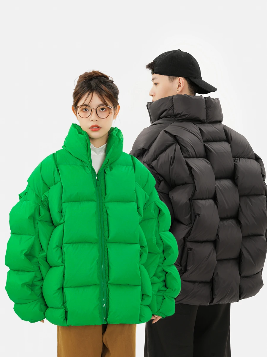 Fashion Weave Plaid Winter Puffer Coat Women Warm White Duck Down Jackets Thick Knitted Loose Couple Stand Collar Parkas for Men