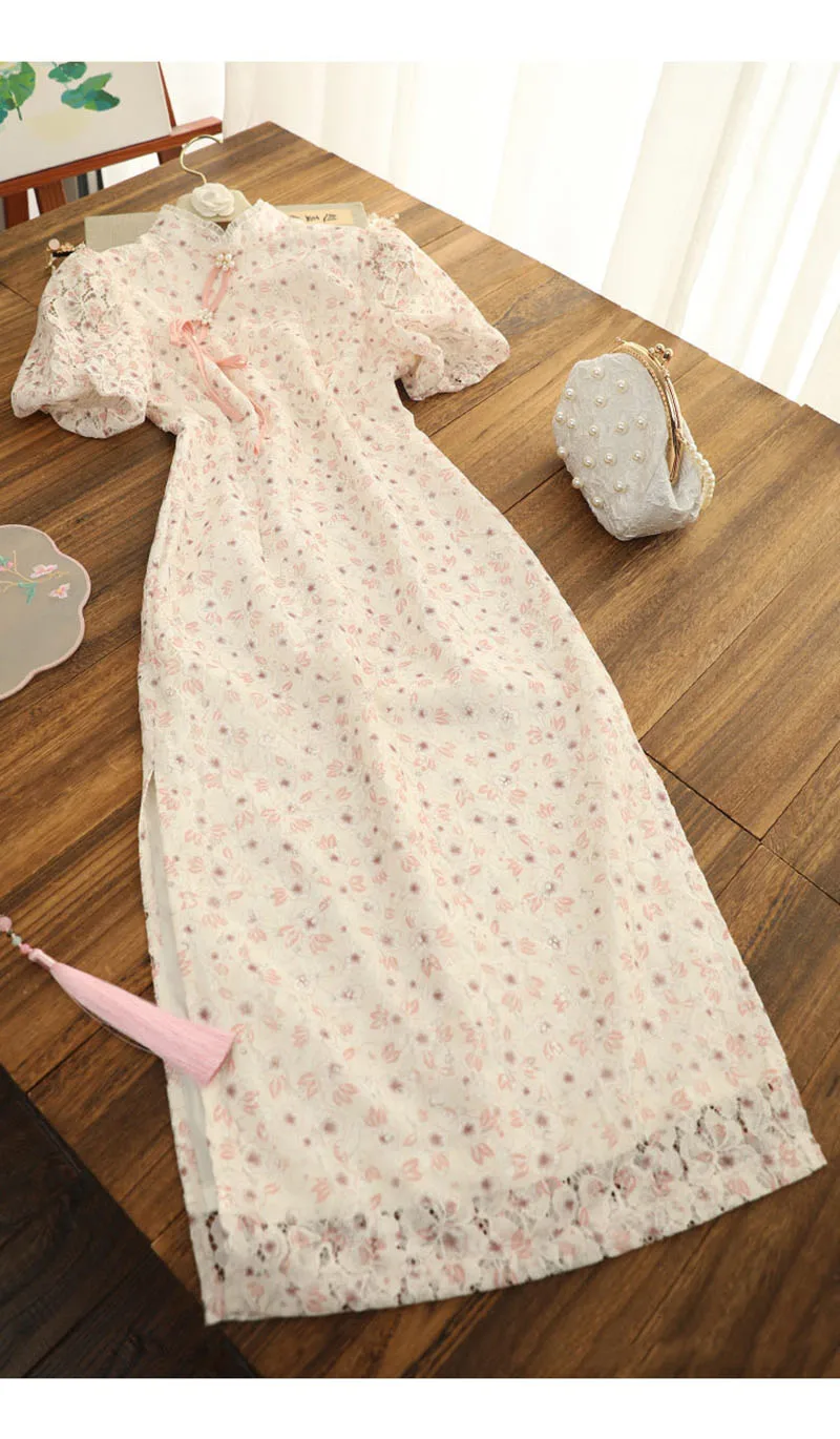 2022 Puff Sleeve Cheongsam New Lace Vintage Floral Dress Slim Wedding Costumes Pink Qipao S To 2XL