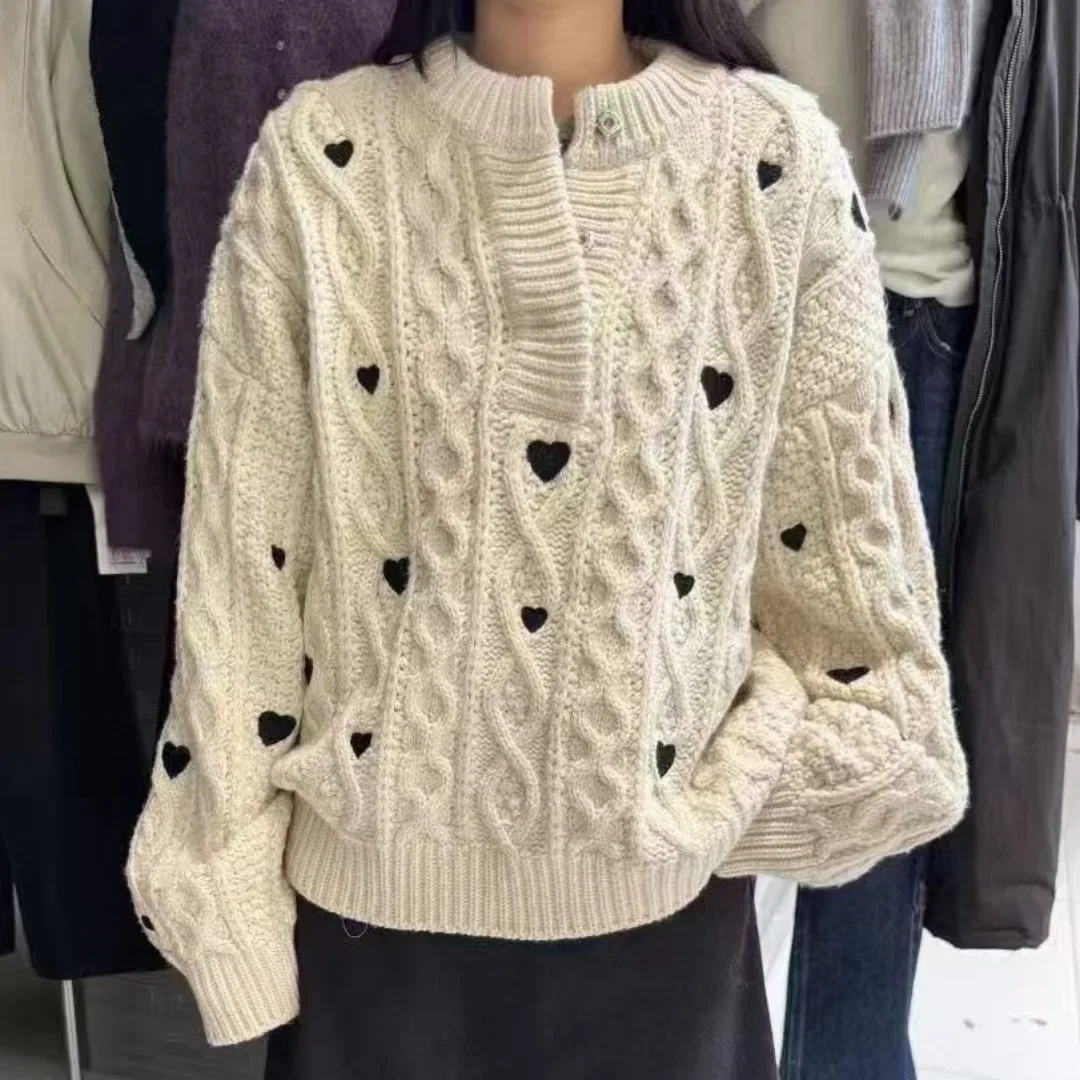 เสื้อสเวตเตอร์ถักไหมพรมปักลาย Thiened Long Sve แบบเปิดไหล่ สไตล์ลำลอง สำหรับผู้หญิง แฟชั่นฤดูใบไม้ร่วงและฤดูหนาว