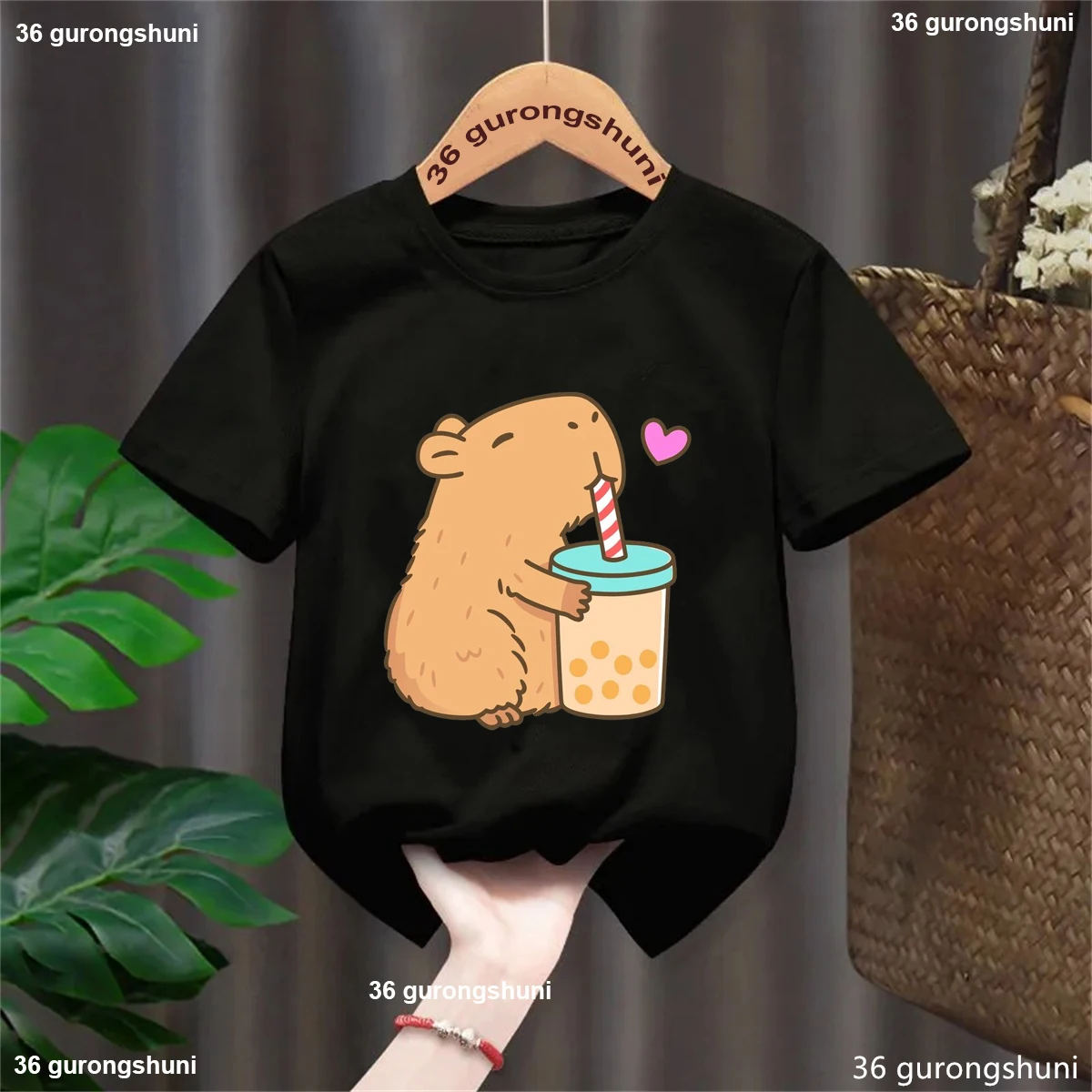 2025 Hot Sale Funny Tshirt Girls/Boys Capybara Love Boba Print T Shirt Kawaii Kids Clothes White/Black/Pink/Blue/Yellow T-Shirt