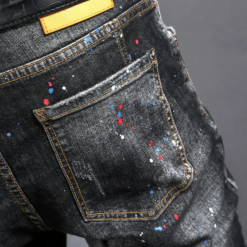 Street Fashion Men Jeans Retro Black Gray Stretch Skinny Ripped Jeans Men Painted Designer Spliced Hip Hop Denim Pencil Pants