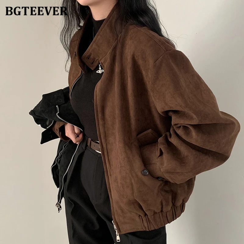 BGTEEVER Vintage Stand Collar Loose Women Basic Jackets Autumn Winter Long Sleeve Zippers Female Coats Stylish Ladies Outwear