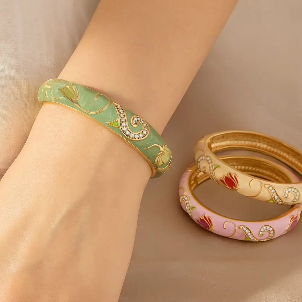 Classic Enamel Chinese Cloisonne Bracelet Open Traditional Lotus Flower Bangle Vintage Ethnic Cheongsam Bracelet Lady