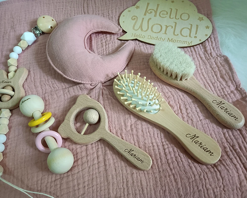 Personalized Name Newborn Bath Wool Brush Comb Gift, Soothing Towel Set, Baby Birth Name Plate, Boys and Girls, 7Pcs