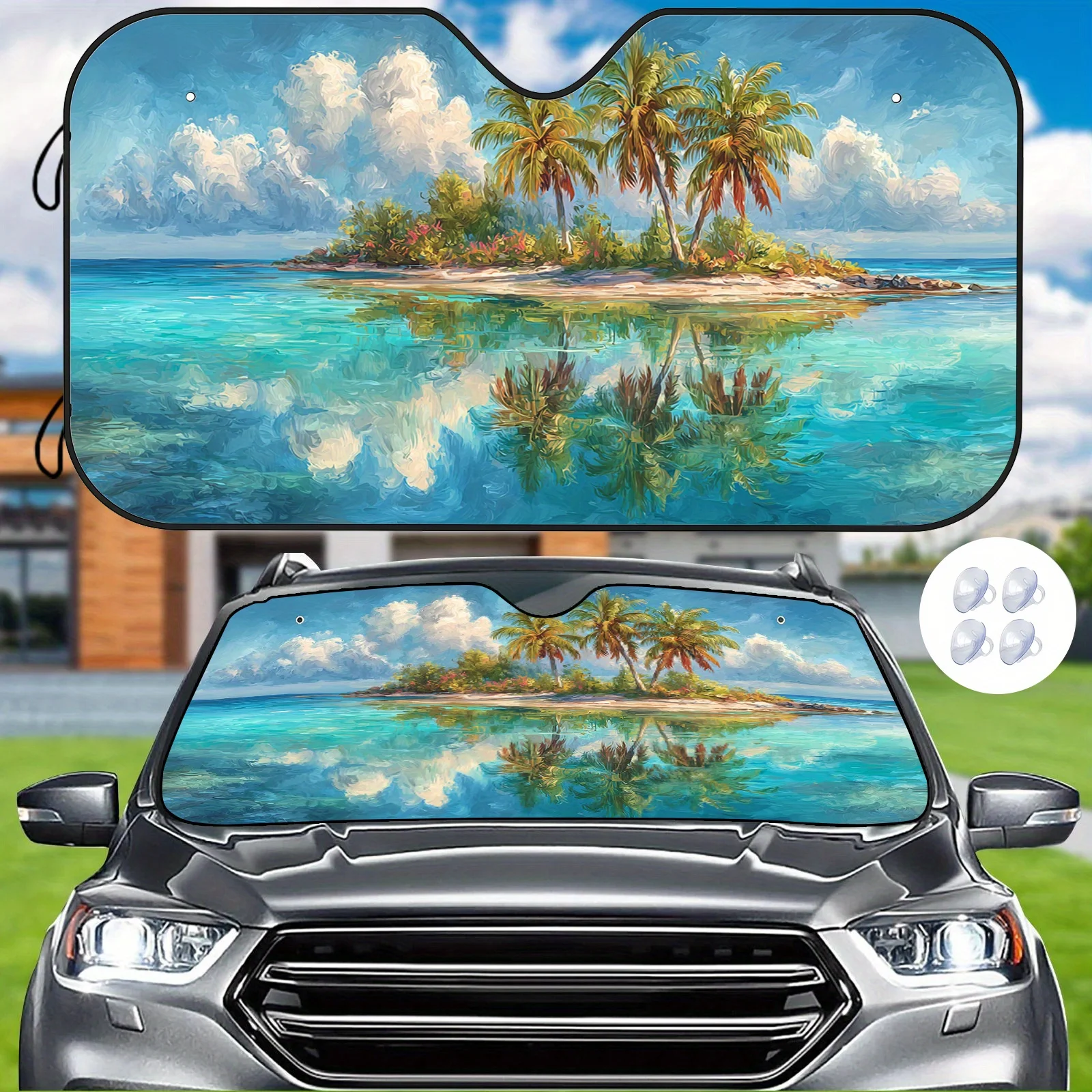 Island Style Sunshade, Coconut Tree Island Oil Painting Pattern, Heat Insulating And Reducing Heat, Stabilizes Interior Temper