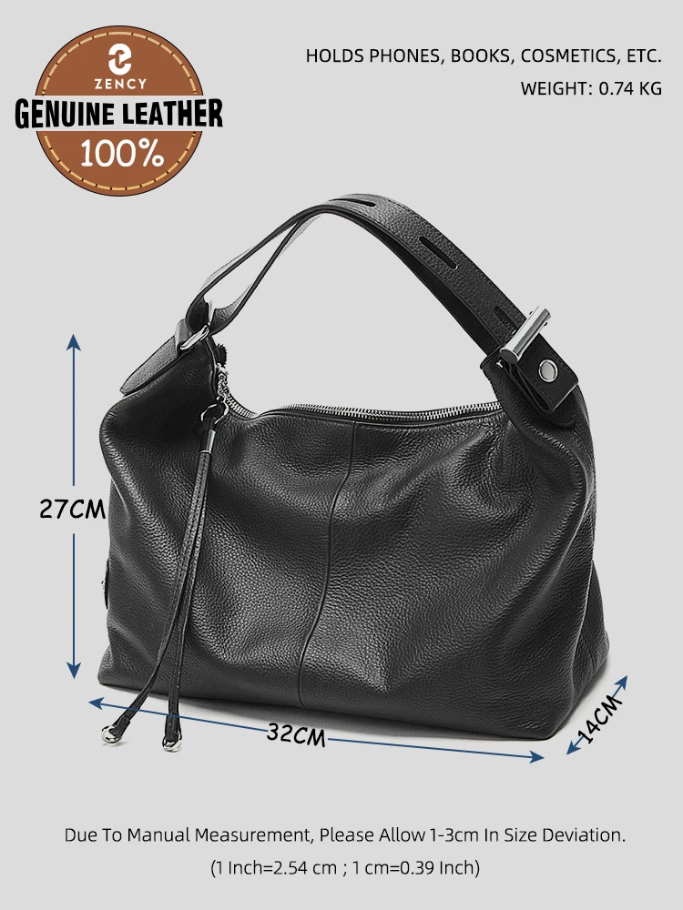 Zency 100% Genuine Leather Large Women Top Handle Shoulder Bag Tote Handbag Purse Black Leather Hobo Bag Underarm Zipper Bags image 3