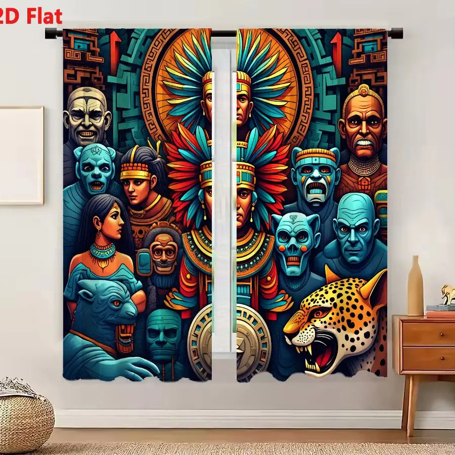 2Pcs Curtains 2D Flat Ancient Mesoamerican Aztec Culture Stylized Illustration Central Figure With Elaborate Attire Jaguar Motif