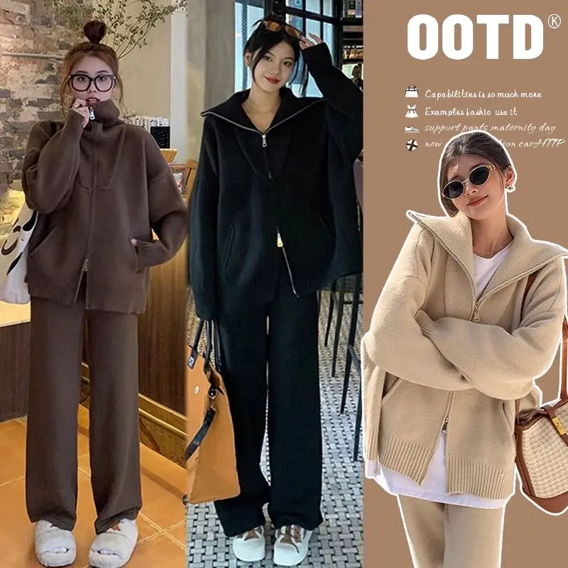 Coffee Lazy Wind Pocket Zipper Knitted Suit Women\'s 2024 Autumn and Winter New Korean Version Loose Wide-leg Pants Two-piece Set