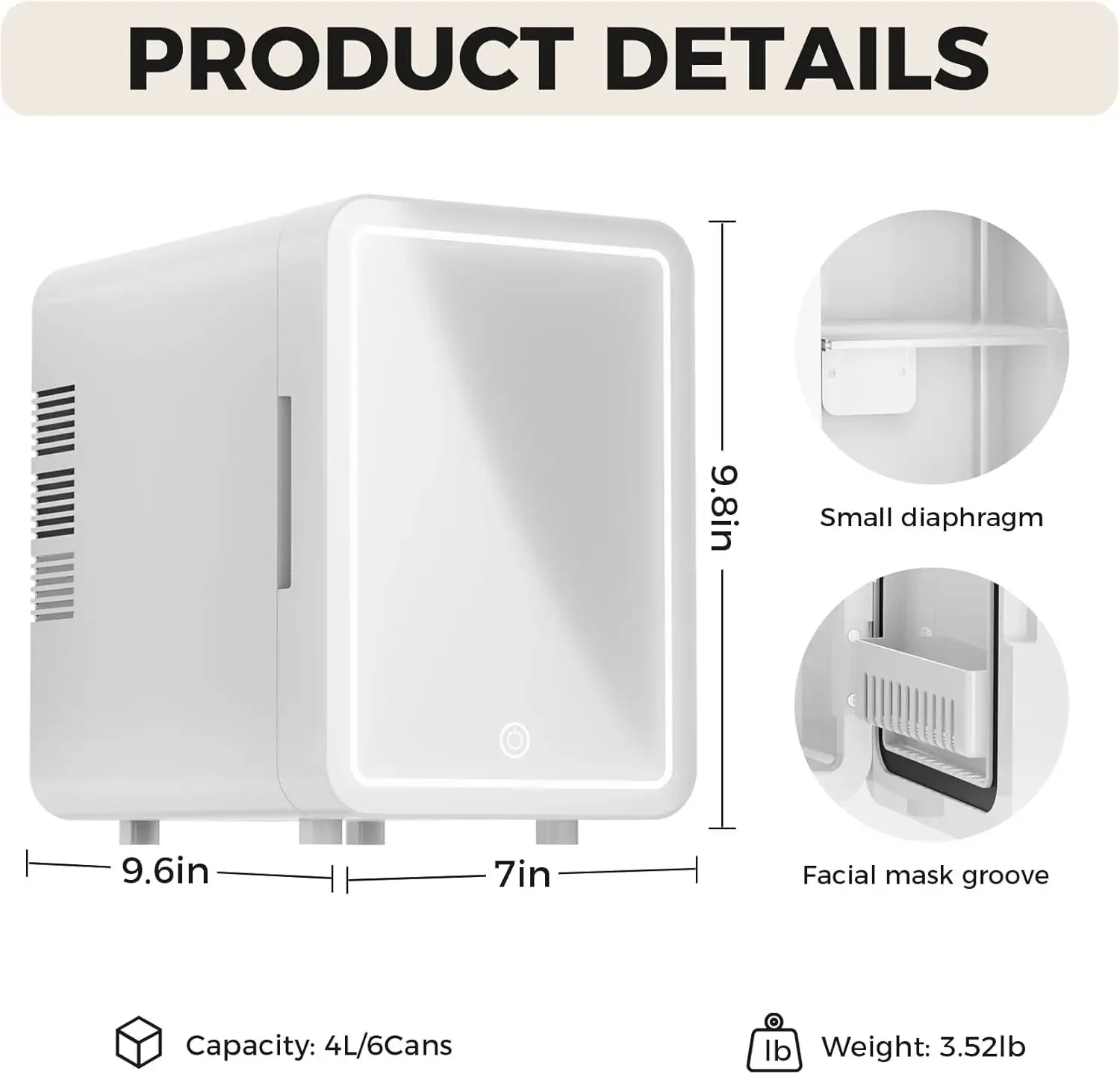 家庭や車用のミニスキンケア冷蔵庫、白いスキンケア冷蔵庫、コンパクトクーラー、調光可能なライトミラー付きウォーマー、4l